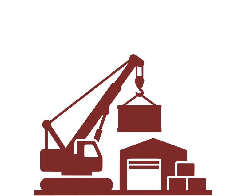 Heavy lift transloading icon depicting a crane moving project cargo into secure indoor warehousing and outdoor storage.
